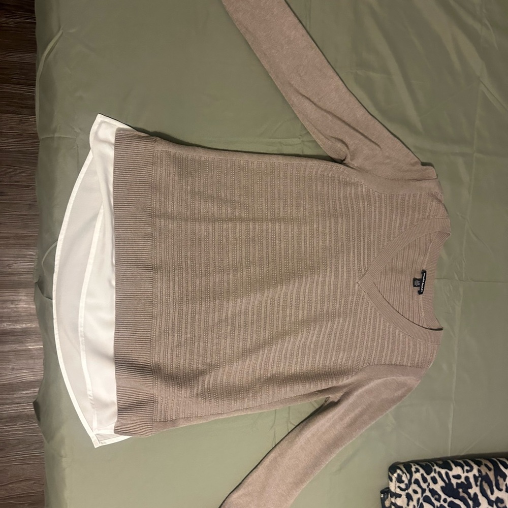 Hilary Radley Beige V-Neck Sweater with White Layered Hem